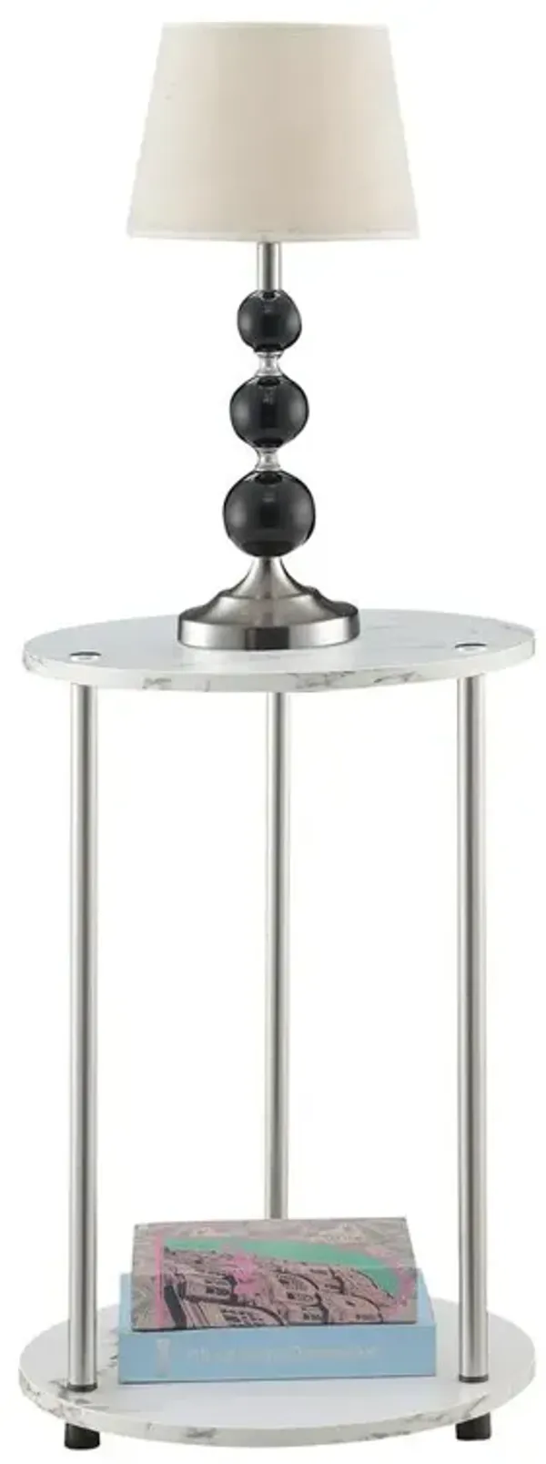 Convenience Concepts Designs2Go No Tools 2 Tier Round End Table, Faux White Marble/Chrome