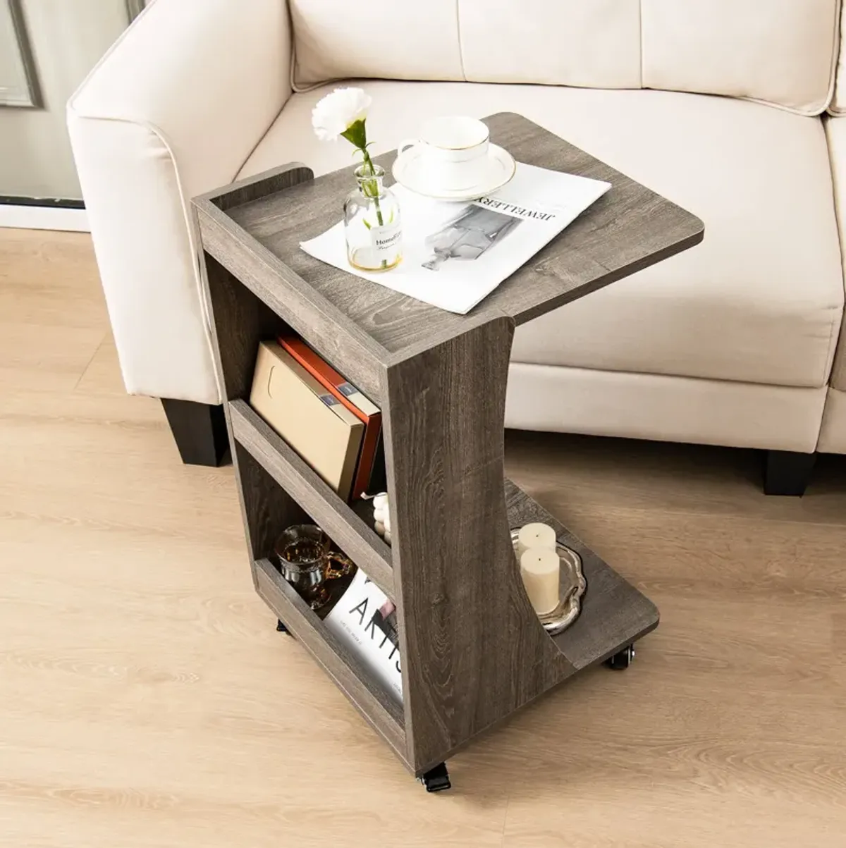 C-shaped Rolling End Side with Back Storage Shelves beside Sofa