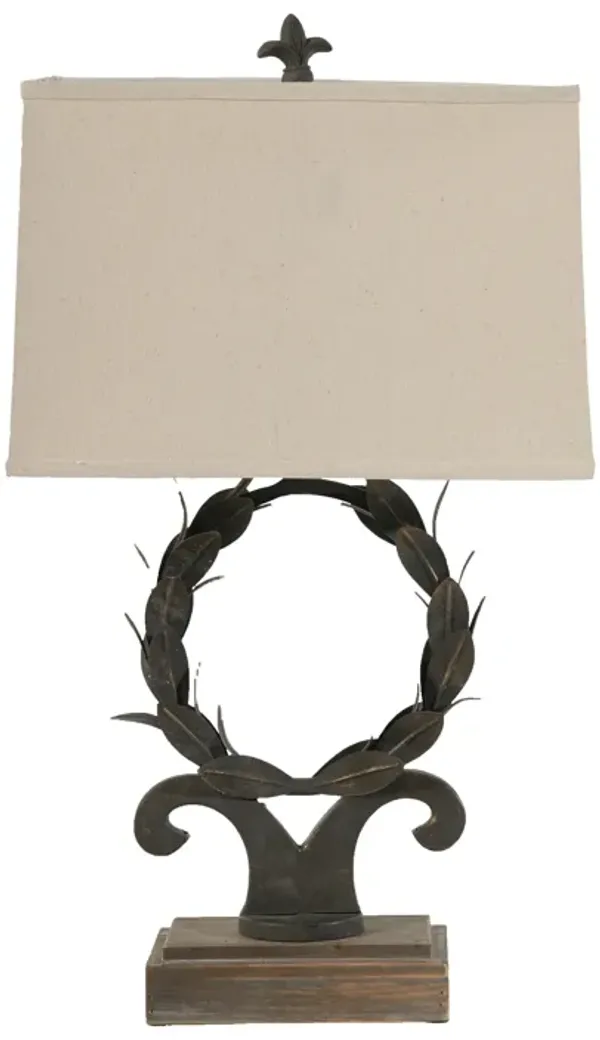26 Inch Artisanal Table Lamp, Laurel Wreath Iron Frame, Off White, Black - Benzara