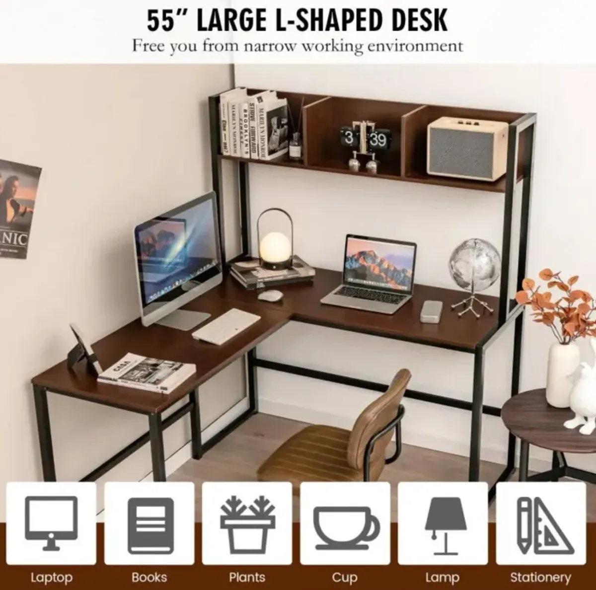 Hivvago Reversible L-Shaped Corner Desk with Storage Bookshelf