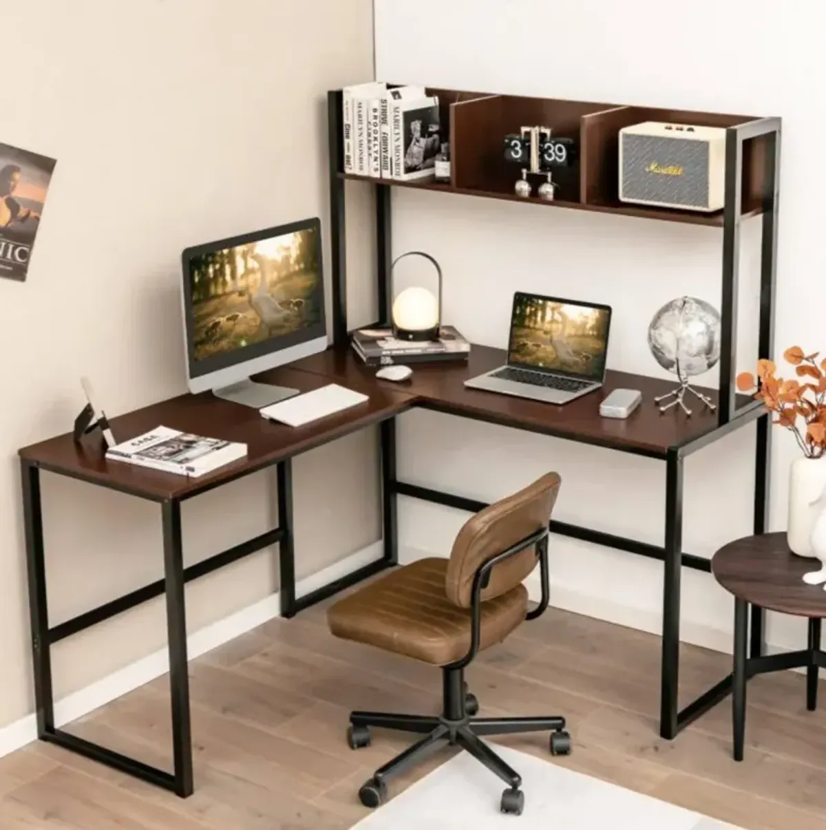 Hivvago Reversible L-Shaped Corner Desk with Storage Bookshelf