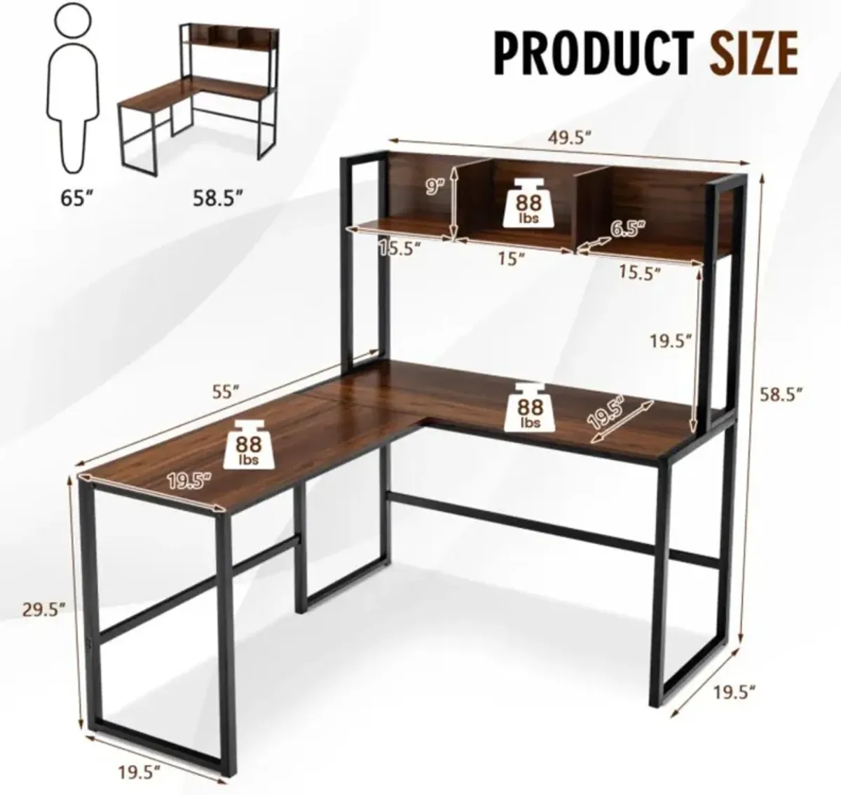 Hivvago Reversible L-Shaped Corner Desk with Storage Bookshelf