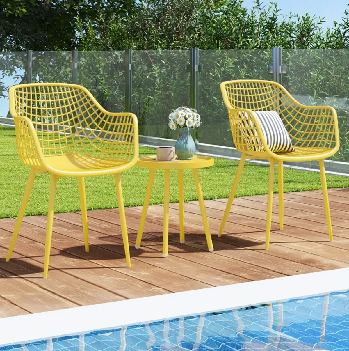 3 Piece Patio Chair Set with PP Seat and Tabletop for Porch