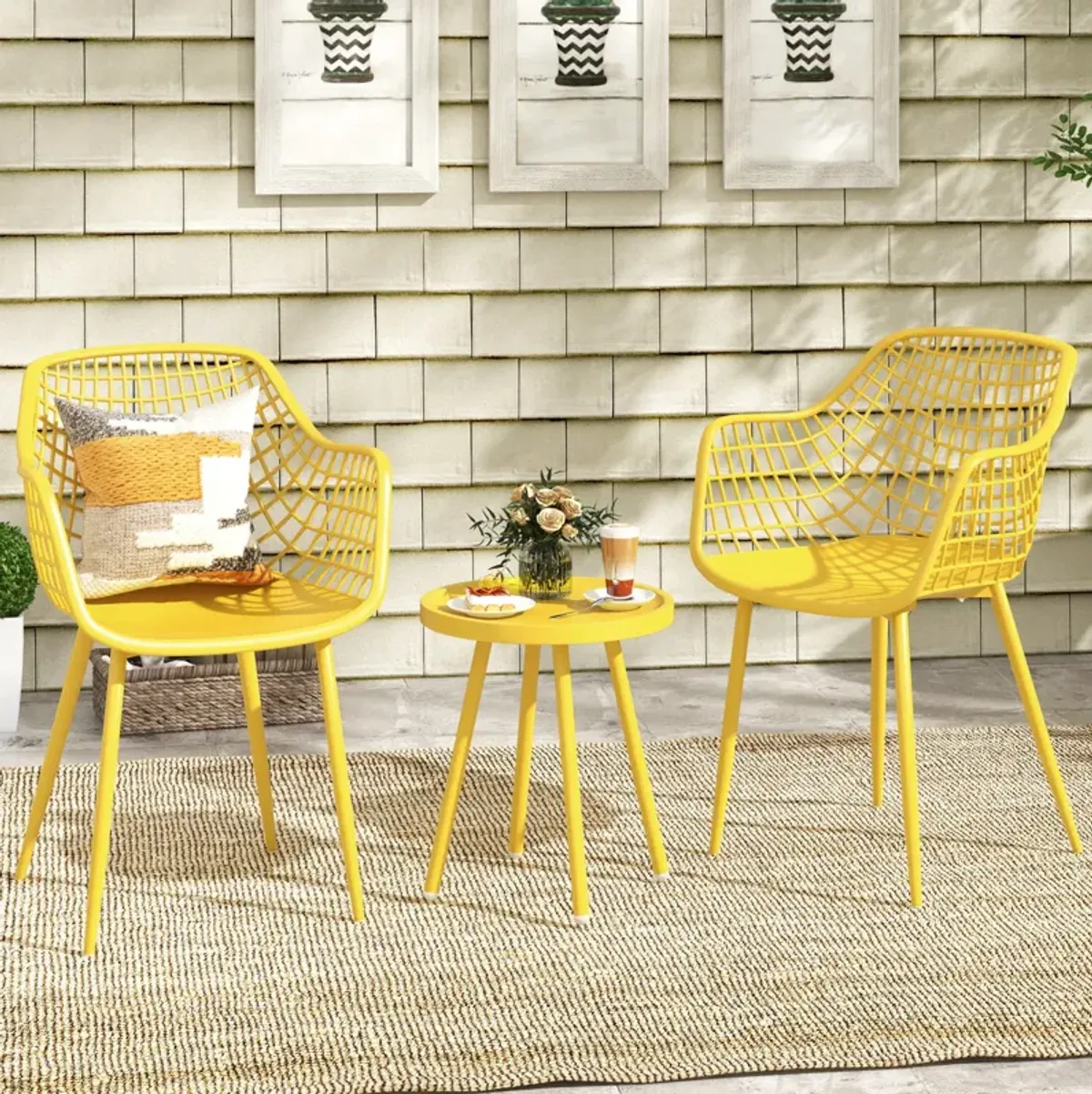 3 Piece Patio Chair Set with PP Seat and Tabletop for Porch