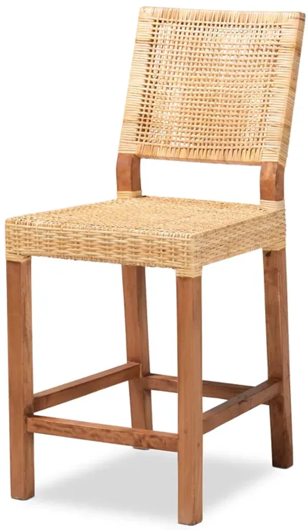 Baxton Studio Lesia Modern Bohemian Natural Brown Rattan and Walnut Brown Mahogany Wood Counter Stool