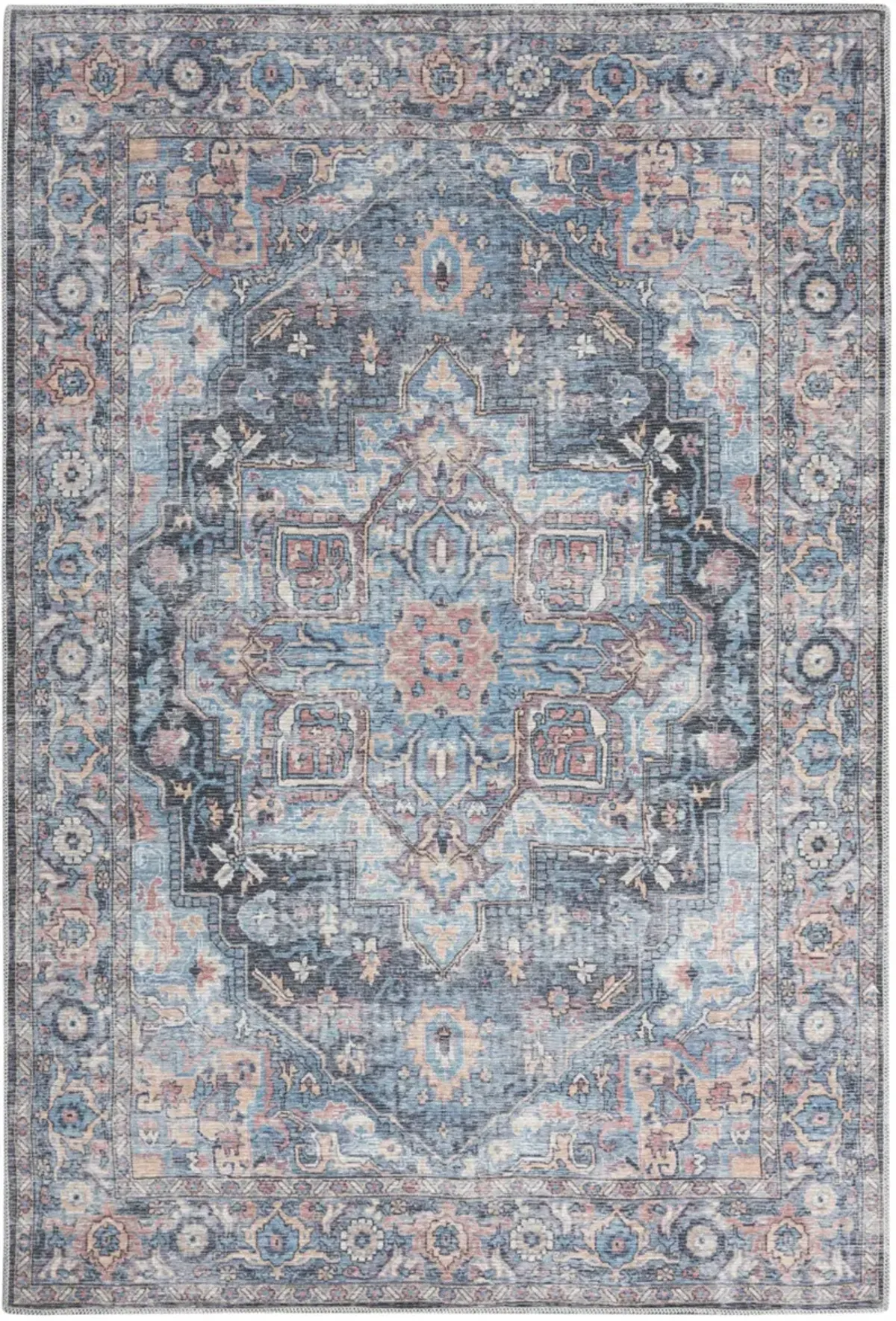 4 X 6 Light Blue Oriental Power Loom Distressed Washable Area Rug
