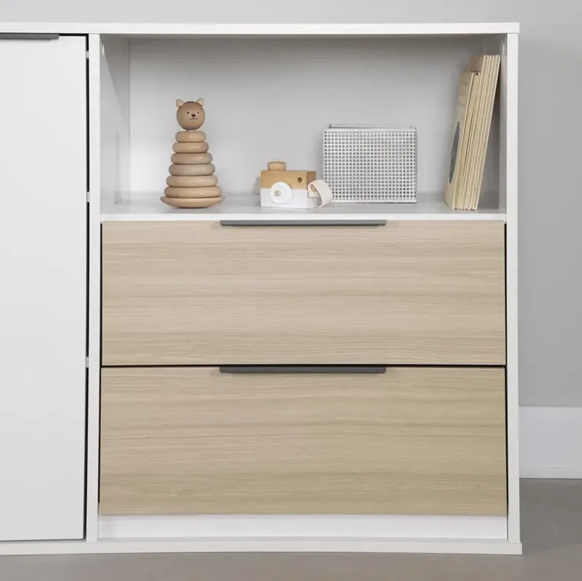 Hourra 2-Drawer Dresser with Door, Soft Elm and White