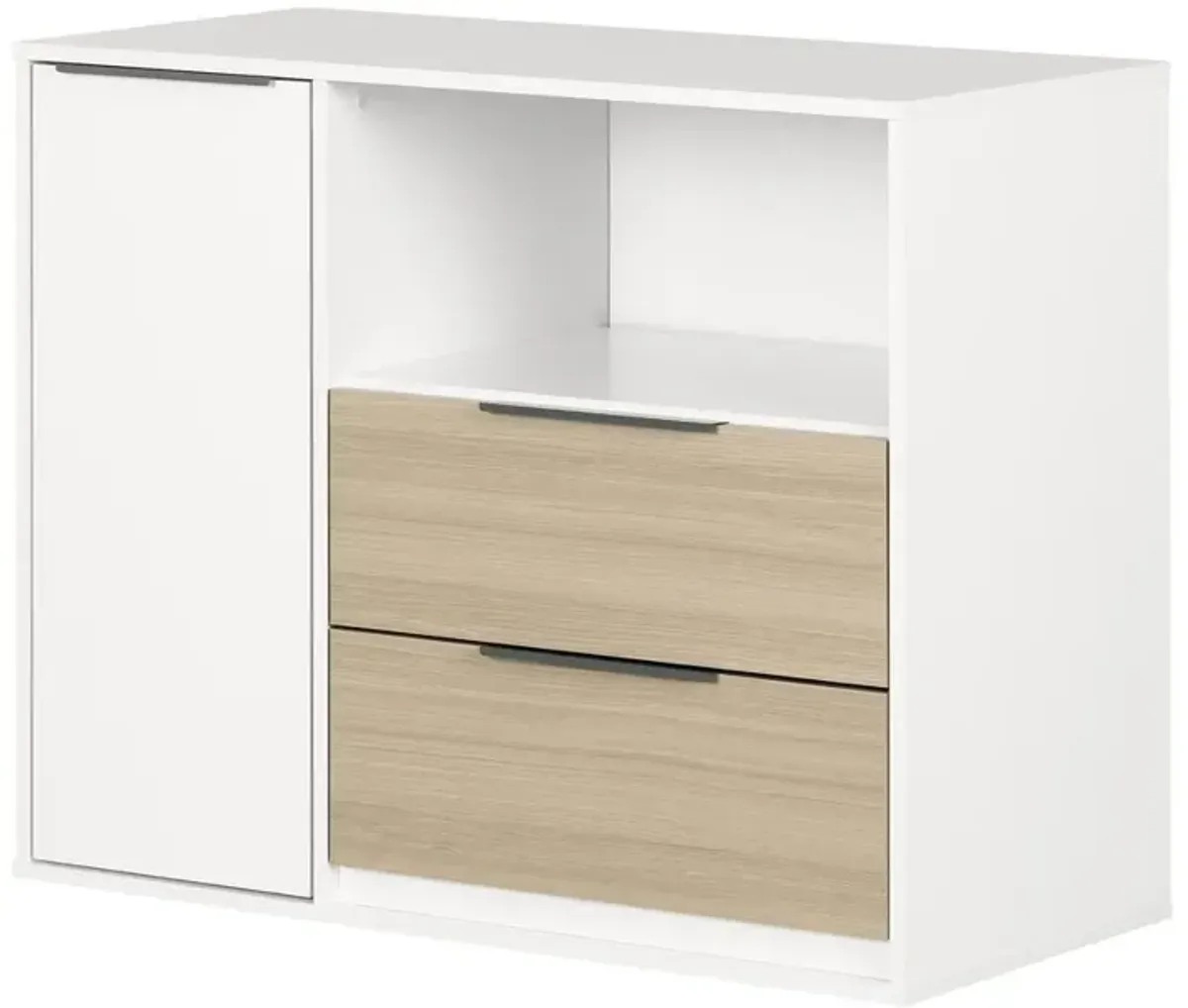 Hourra 2-Drawer Dresser with Door, Soft Elm and White