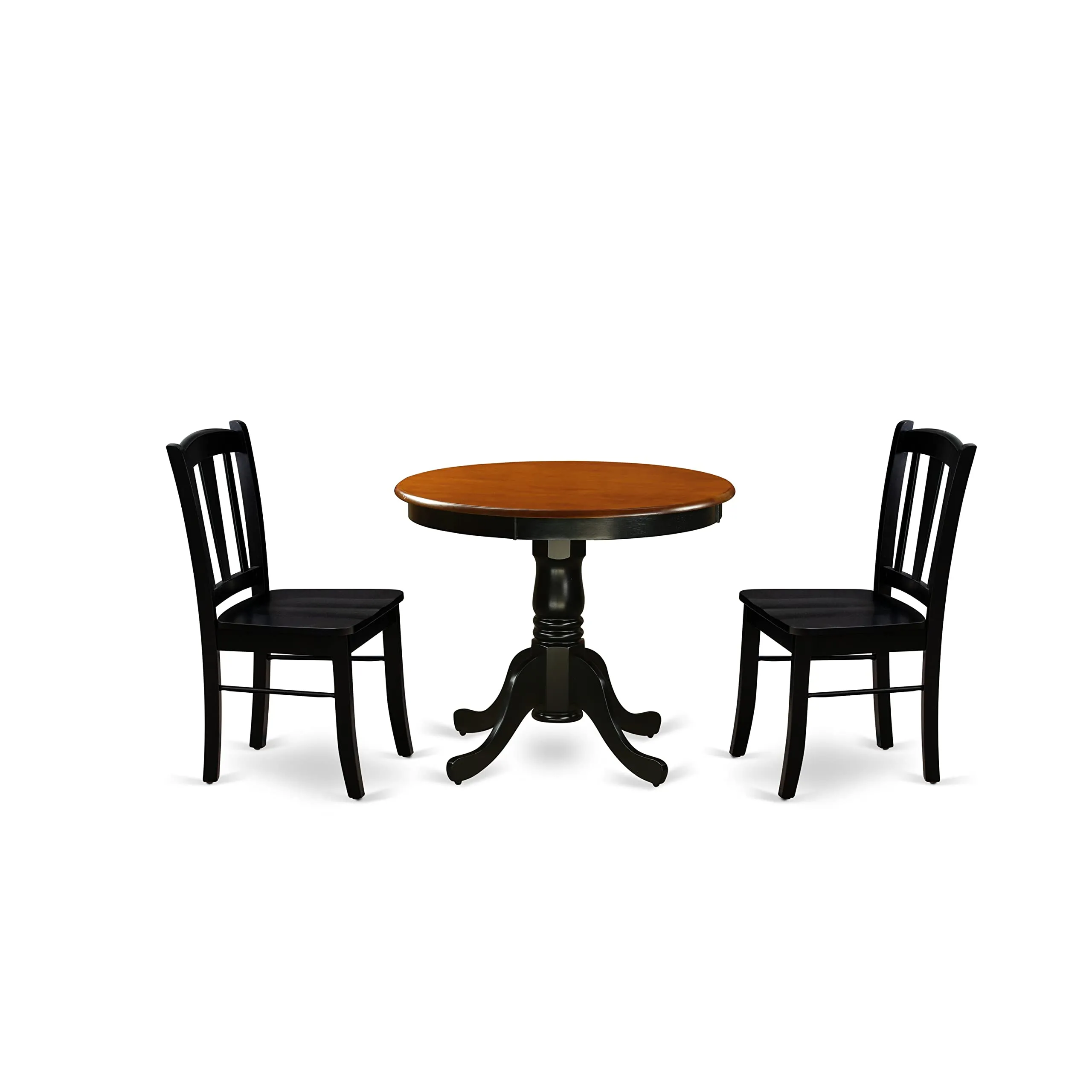 East West Furniture - ANDL3-BLK-W - 3-Piece Dining Room Set- 2 Dining Chair and Modern Round Dining Table - Wooden Seat and Slatted Chair Back (Black Finish)