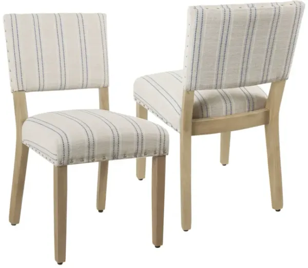 Wooden Dining Chair with Striped Pattern Fabric Cushioned Seat, Blue and White, Set of Two - Benzara