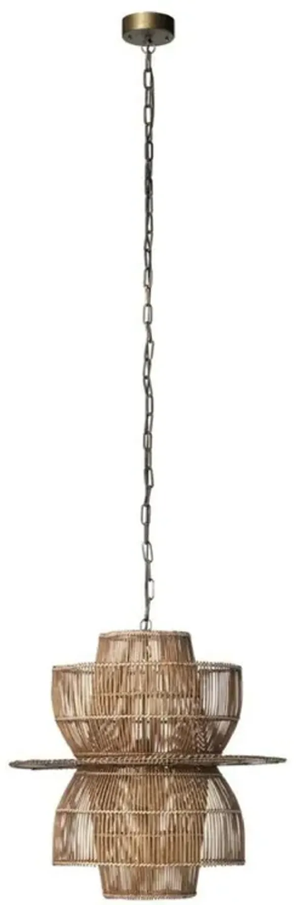 24 Inch Rattan Pendant Chandelier, Natural Brown, Brass-Benzara