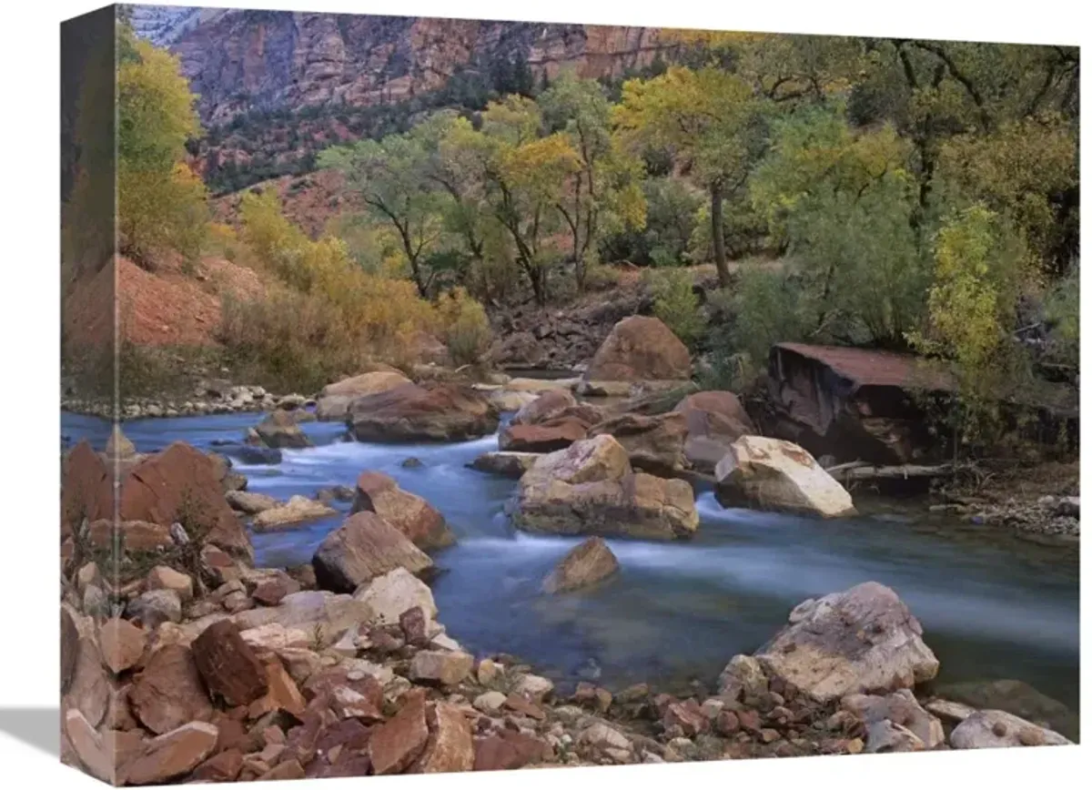 Virgin River flowing through canyon in autumn, Zion National Park, Utah-Canvas Art-16x12