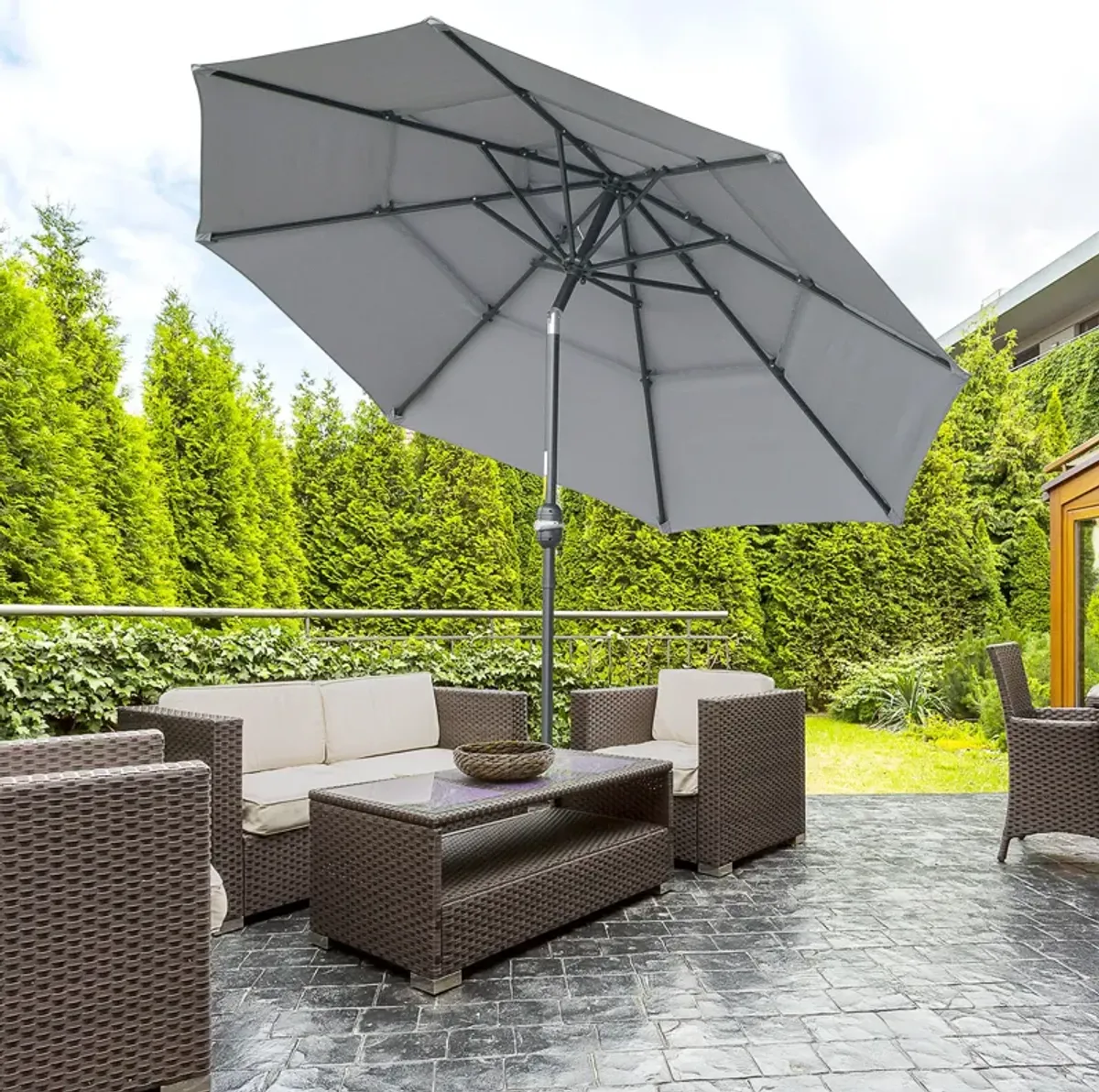 Dark Grey Patio Shield: 9' 3-Tier Outdoor Umbrella with Crank Tilt