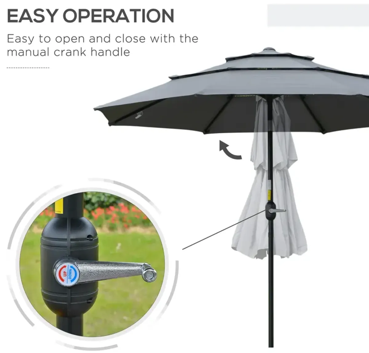 Dark Grey Patio Shield: 9' 3-Tier Outdoor Umbrella with Crank Tilt