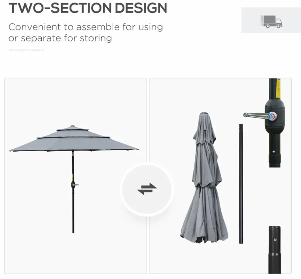 Dark Grey Patio Shield: 9' 3-Tier Outdoor Umbrella with Crank Tilt