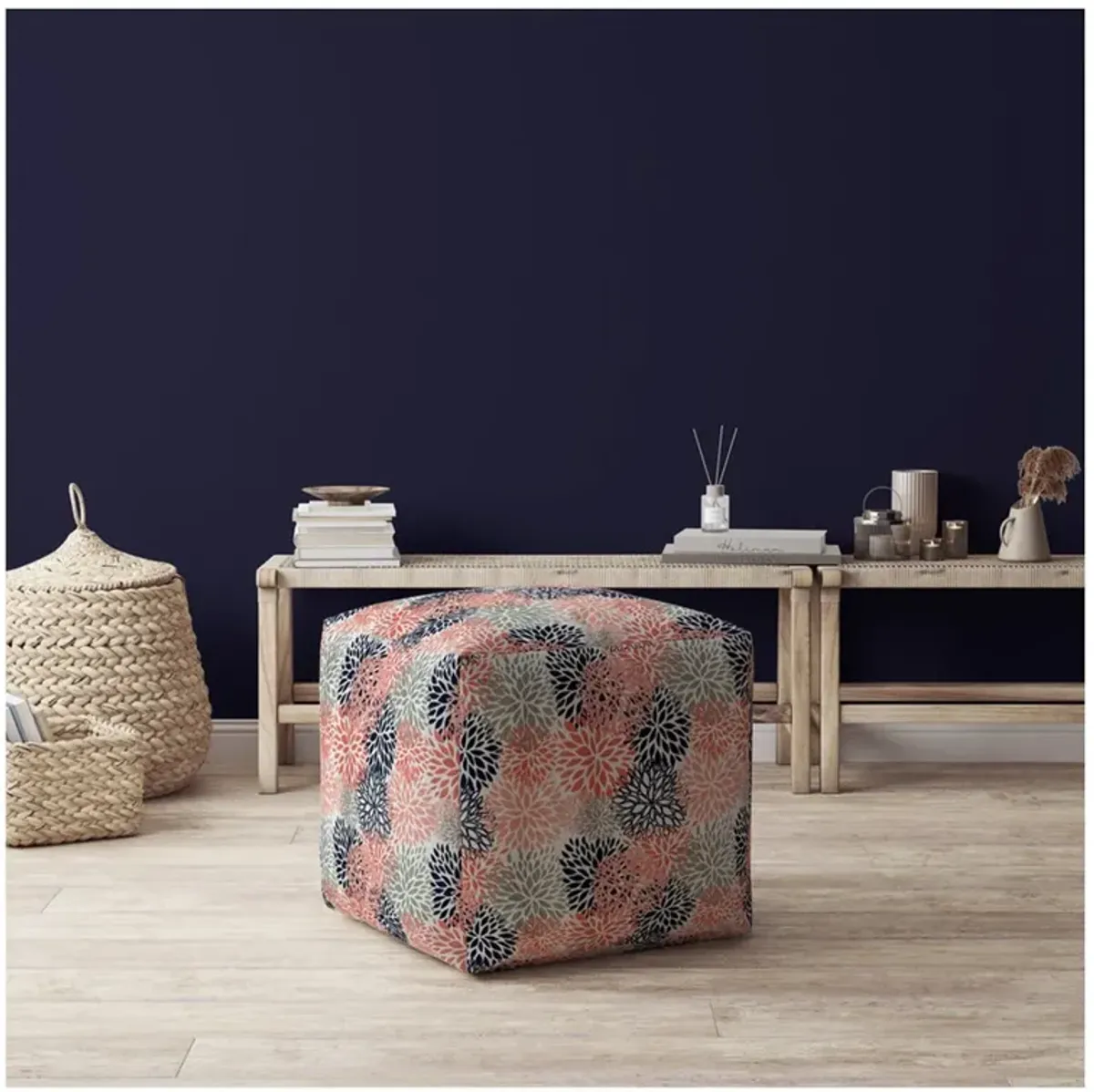 Hivvago 17" Coral 100% Polyester Floral Pouf Ottoman