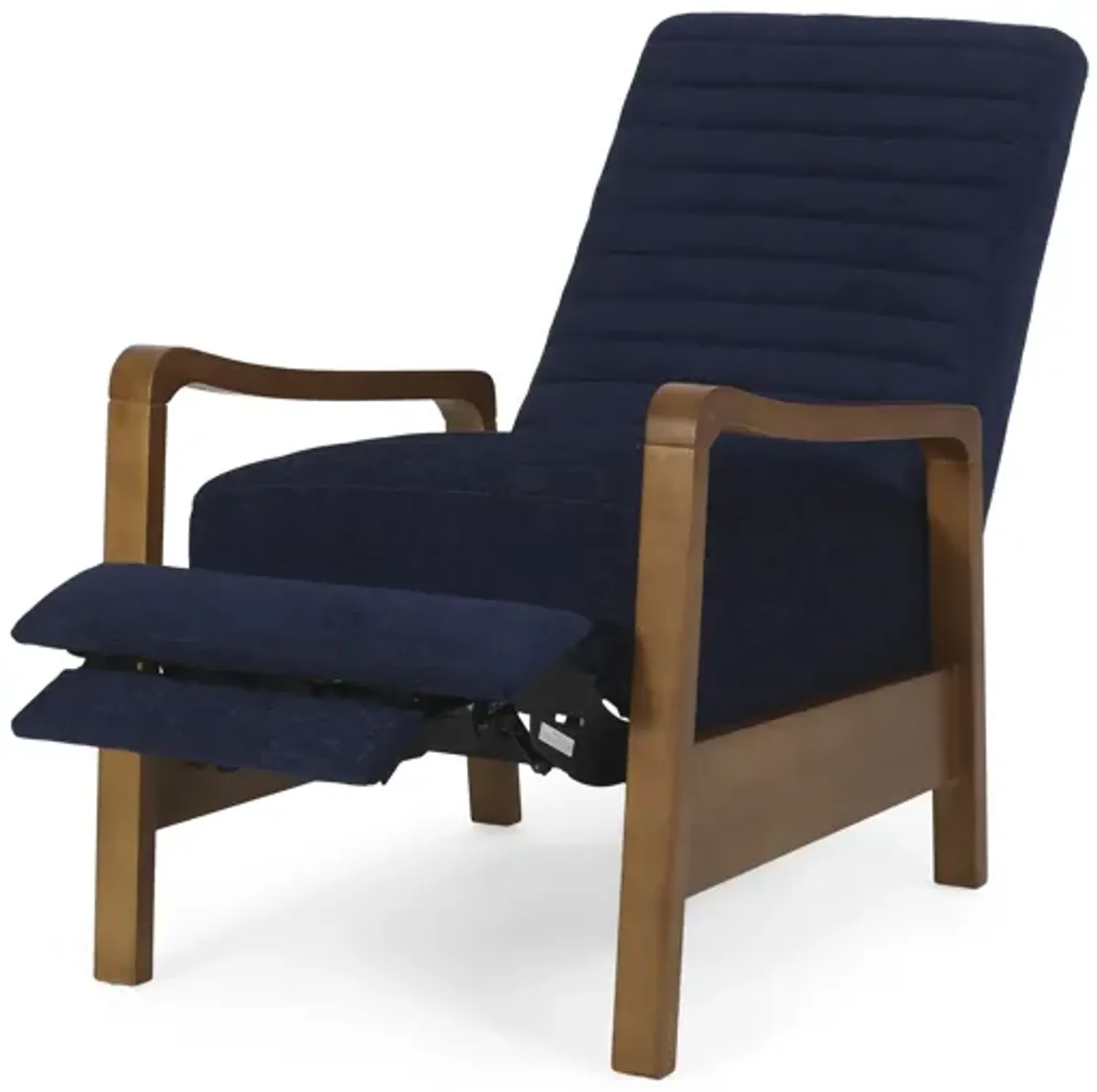 Copa Manual Recliner Lounge Chair, Brown Wood, Navy Blue Channel Tufted - Benzara