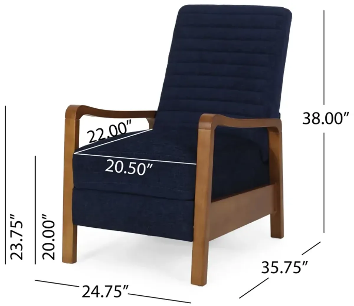 Copa Manual Recliner Lounge Chair, Brown Wood, Navy Blue Channel Tufted - Benzara