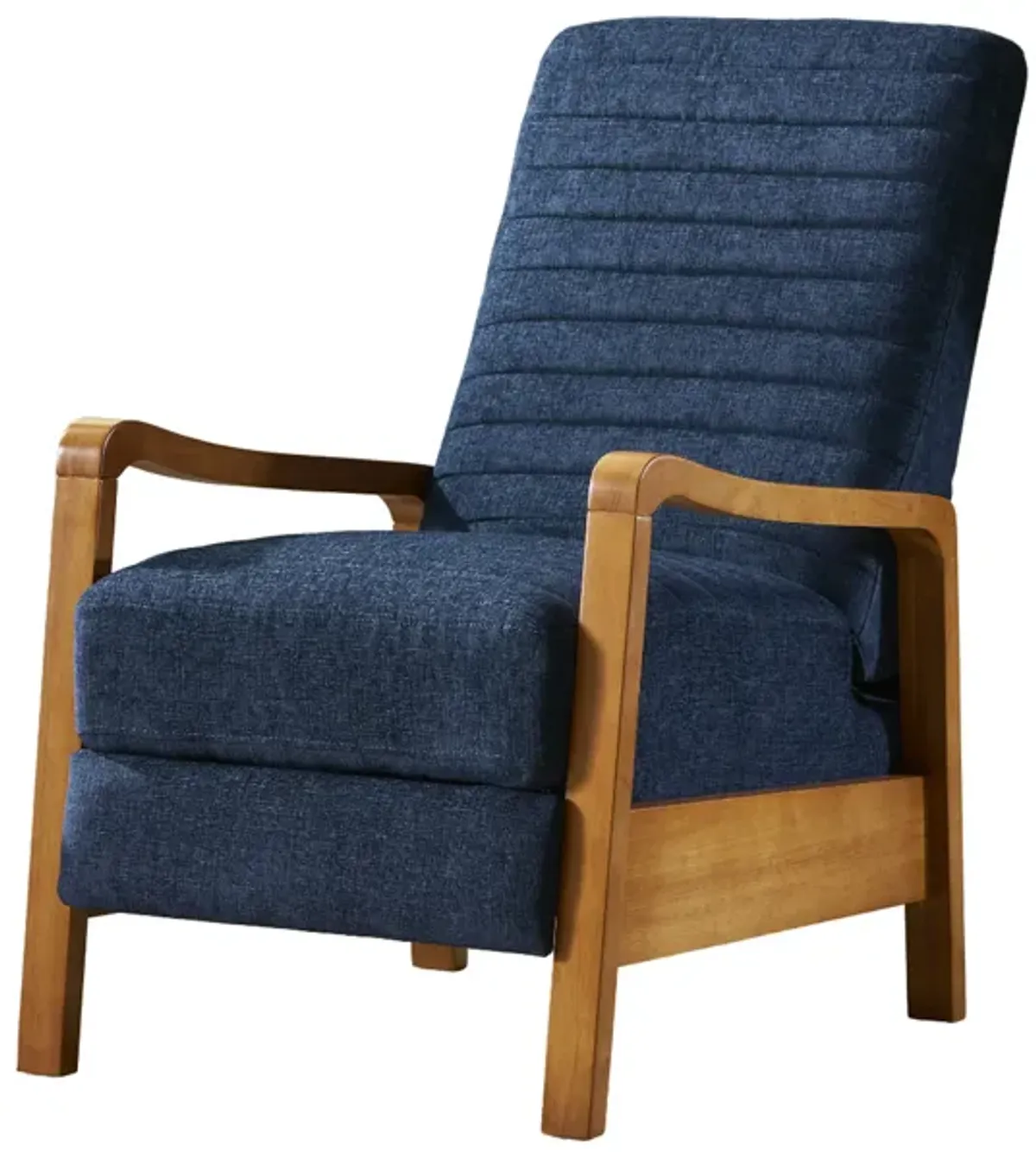 Copa Manual Recliner Lounge Chair, Brown Wood, Navy Blue Channel Tufted - Benzara