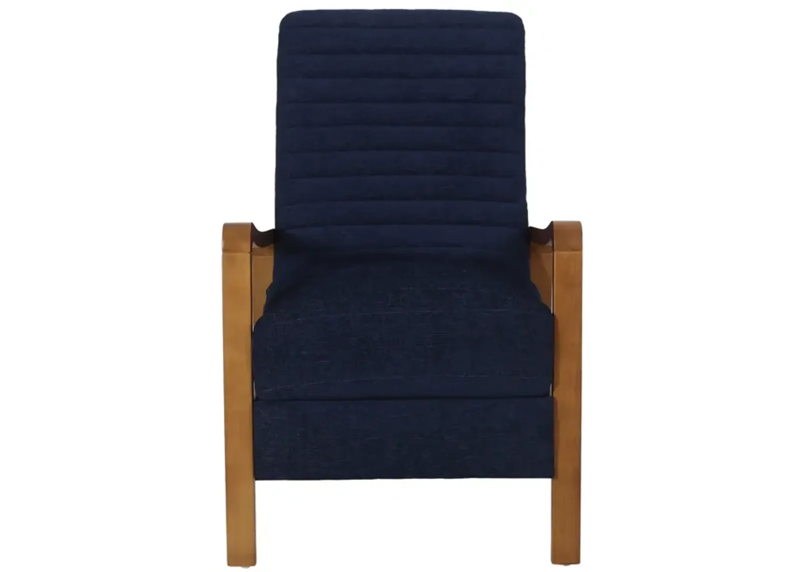 Copa Manual Recliner Lounge Chair, Brown Wood, Navy Blue Channel Tufted - Benzara