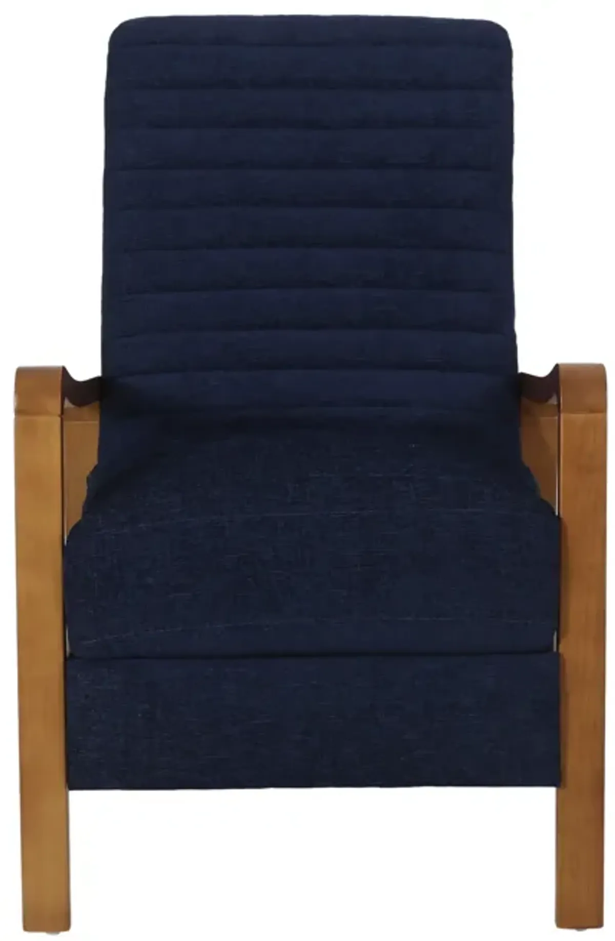 Copa Manual Recliner Lounge Chair, Brown Wood, Navy Blue Channel Tufted - Benzara