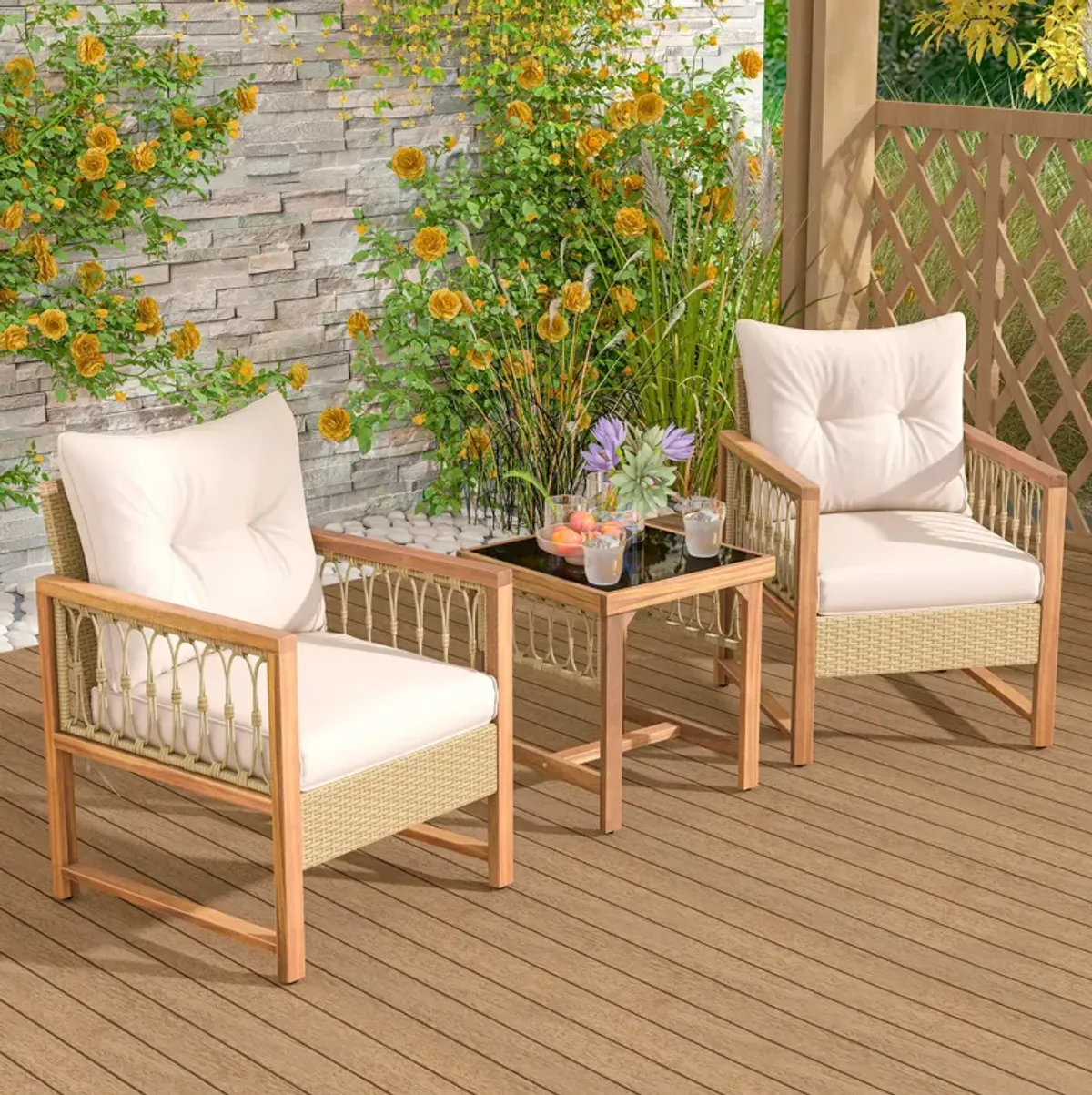 3 Pieces Patio Furniture Set with Acacia Wood Frame Cushions-Brown