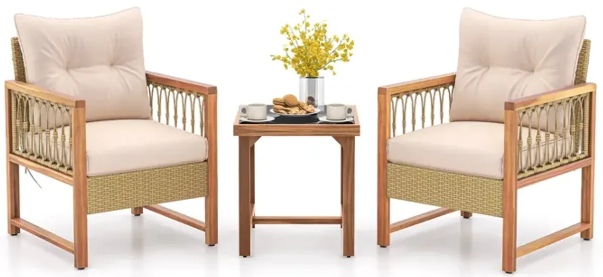 3 Pieces Patio Furniture Set with Acacia Wood Frame Cushions-Brown