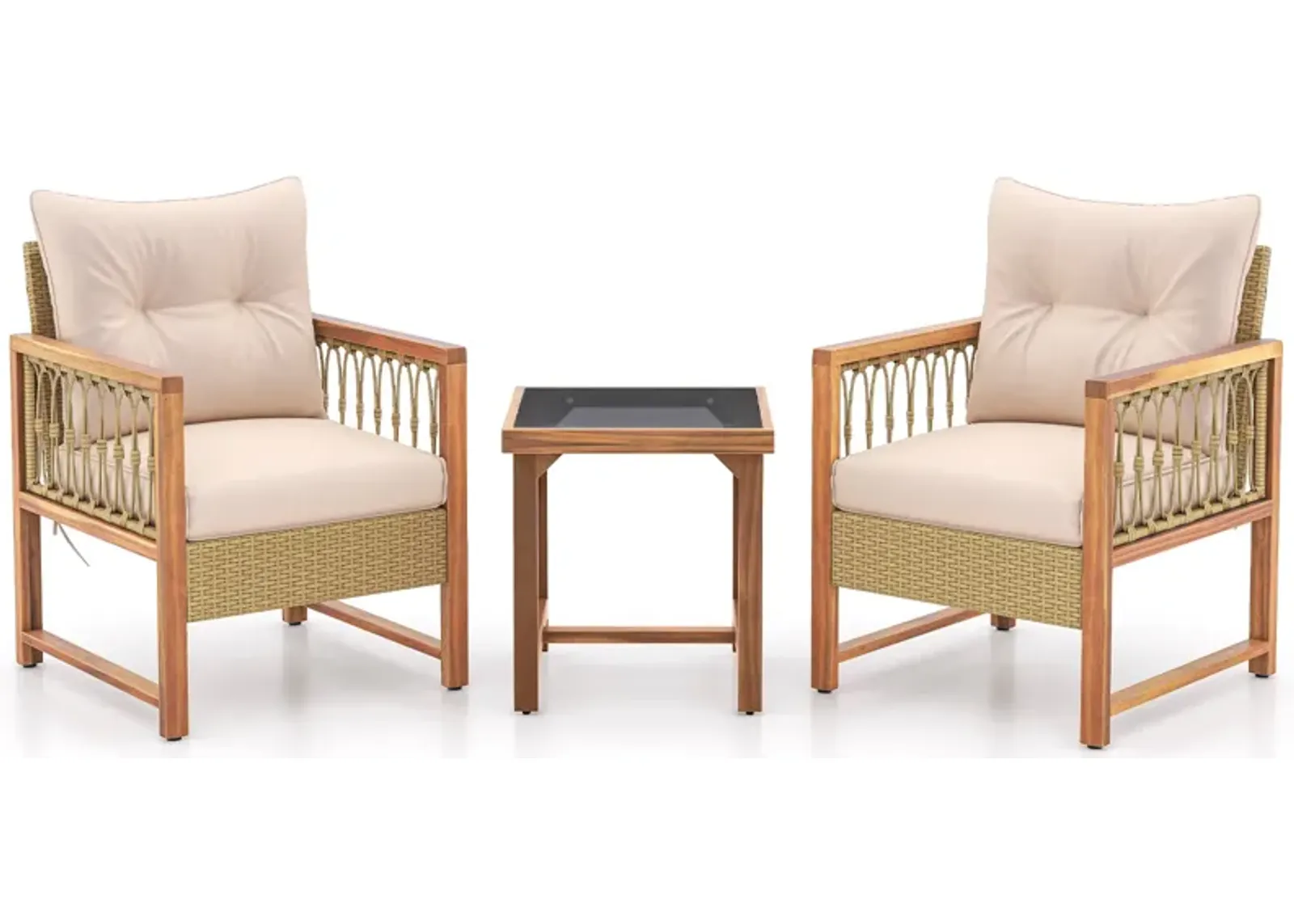 3 Pieces Patio Furniture Set with Acacia Wood Frame Cushions-Brown