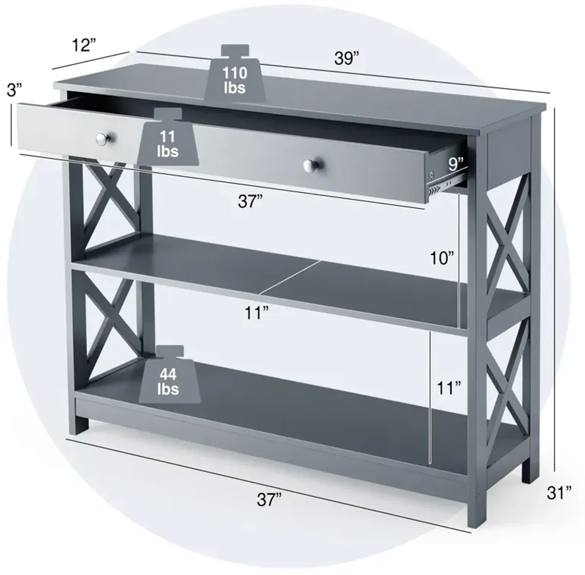 Console Table 3-Tier with Drawer and Storage Shelves