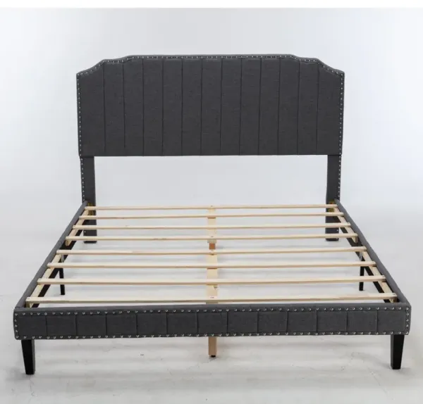 Queen Size Bed With Headboard, Modern Linen Curved Upholstered Platform Bed