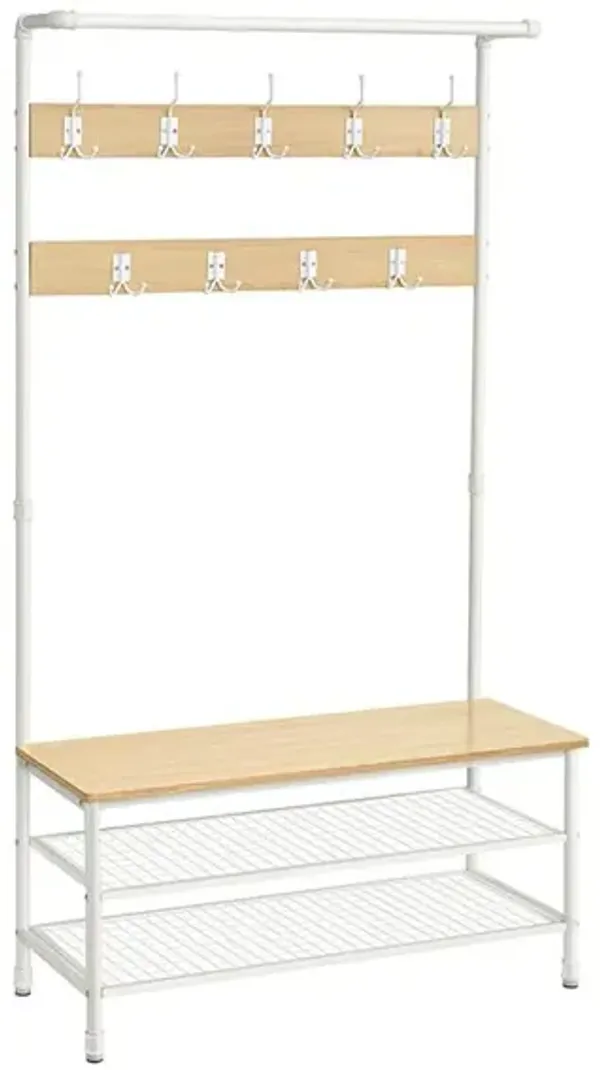 Hall Tree with 9 Hooks and Storage Bench Pipe-Style Coat Stand