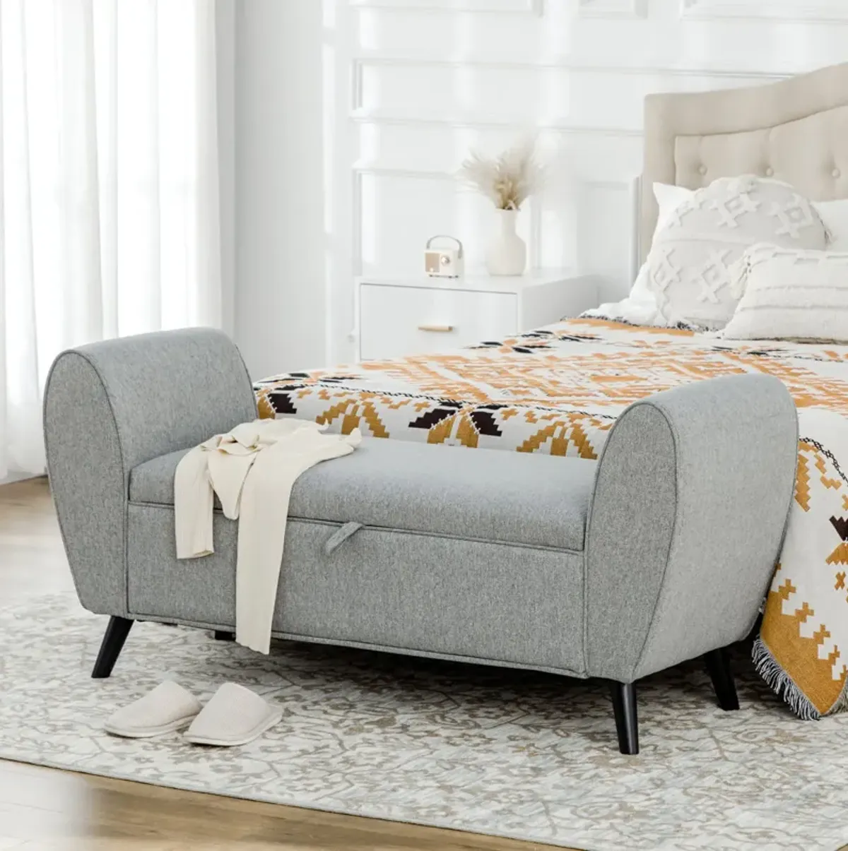 Light Grey Ottoman: Linen Upholstered Storage Bench with Arms