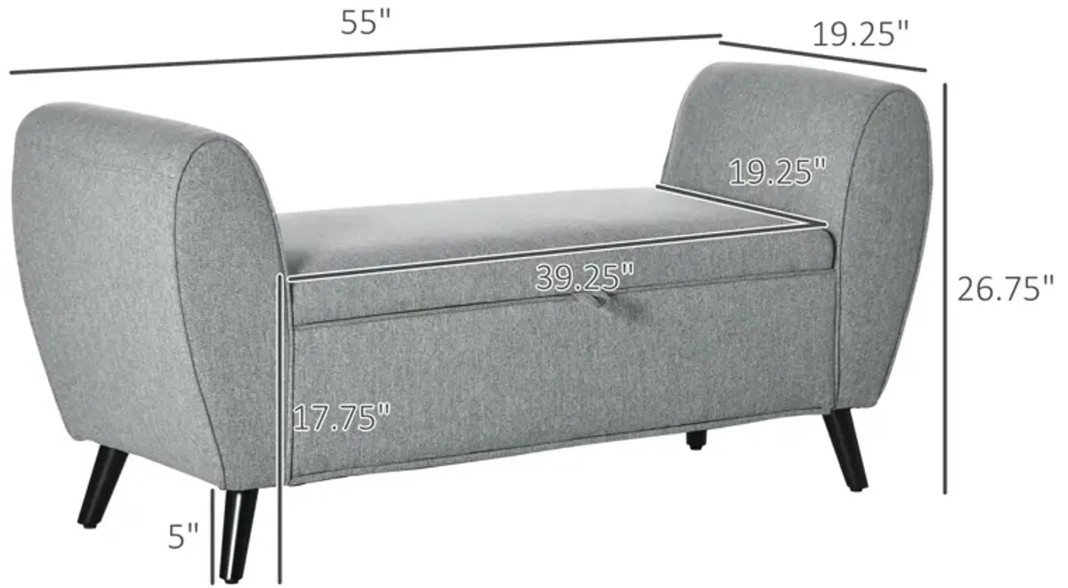 Light Grey Ottoman: Linen Upholstered Storage Bench with Arms