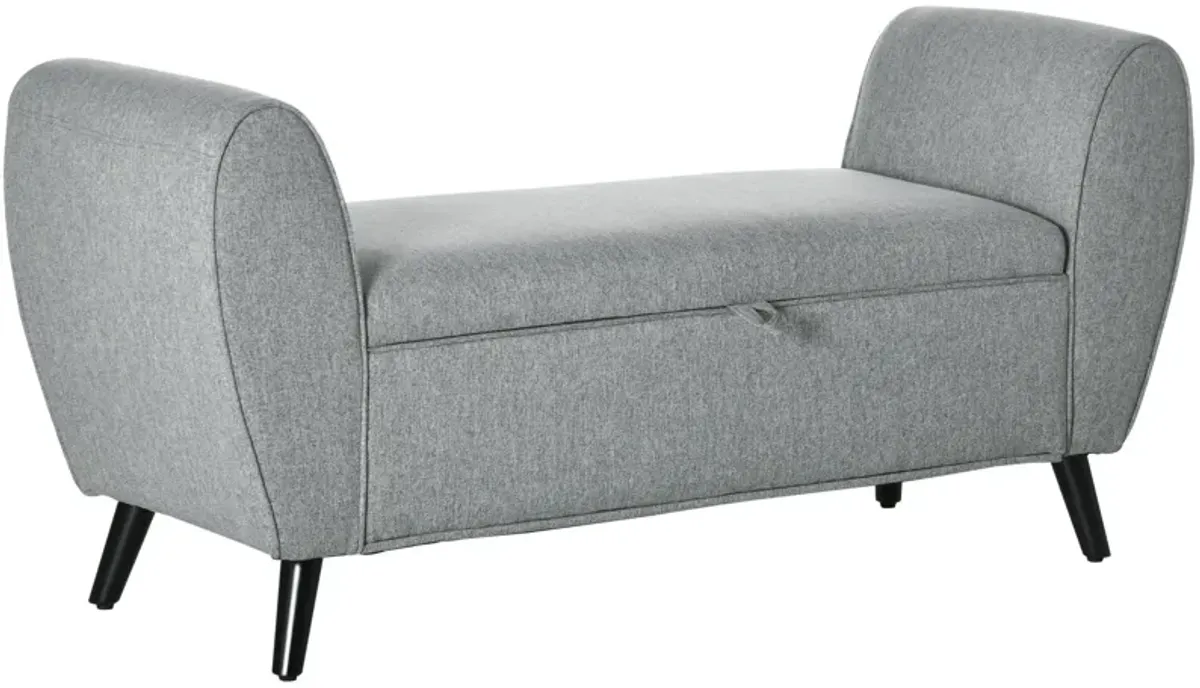 Light Grey Ottoman: Linen Upholstered Storage Bench with Arms