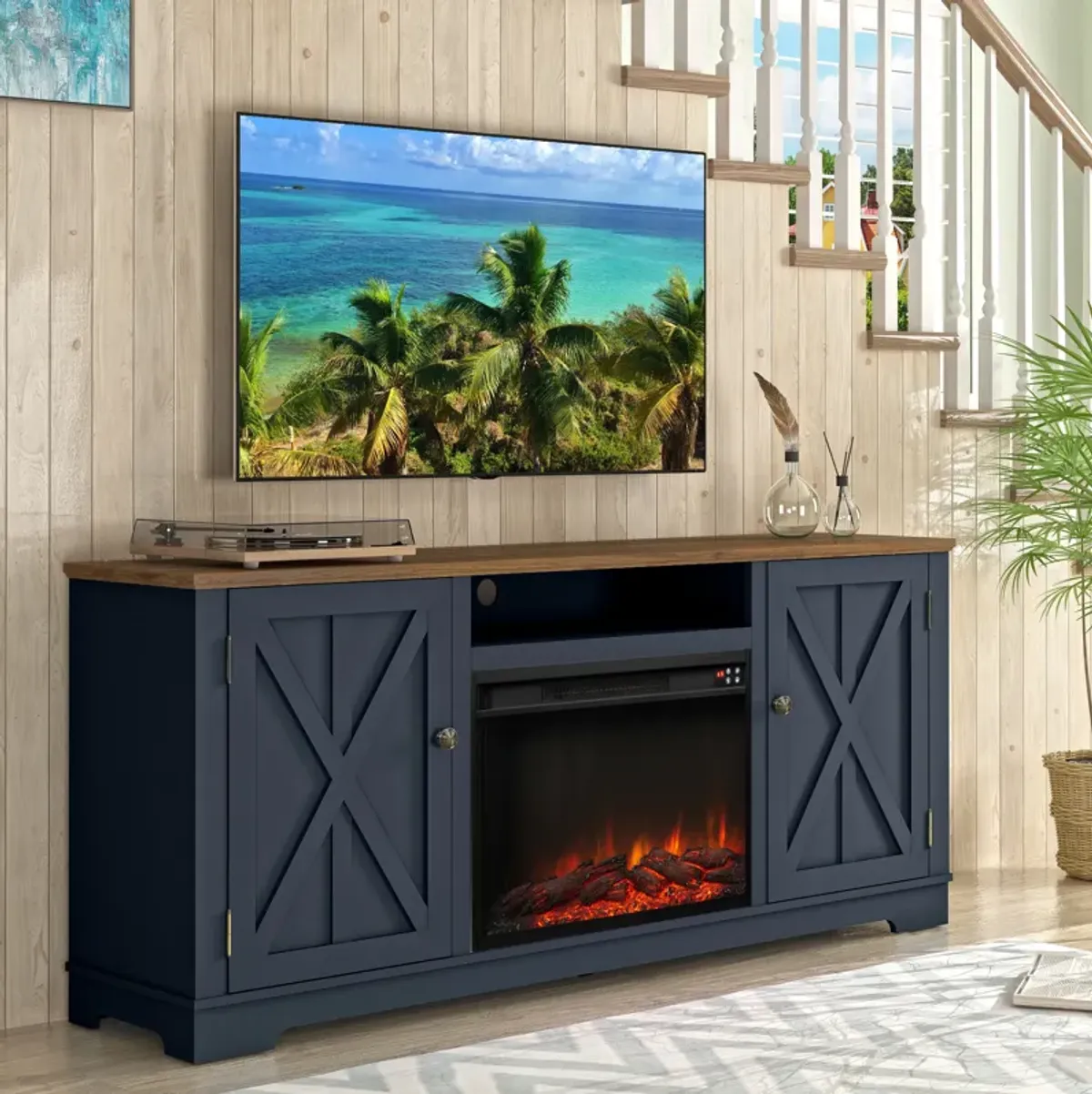 FESTIVO 70" Farmhouse TV Stand Console for TVs up to 75 inch w/ Fireplace