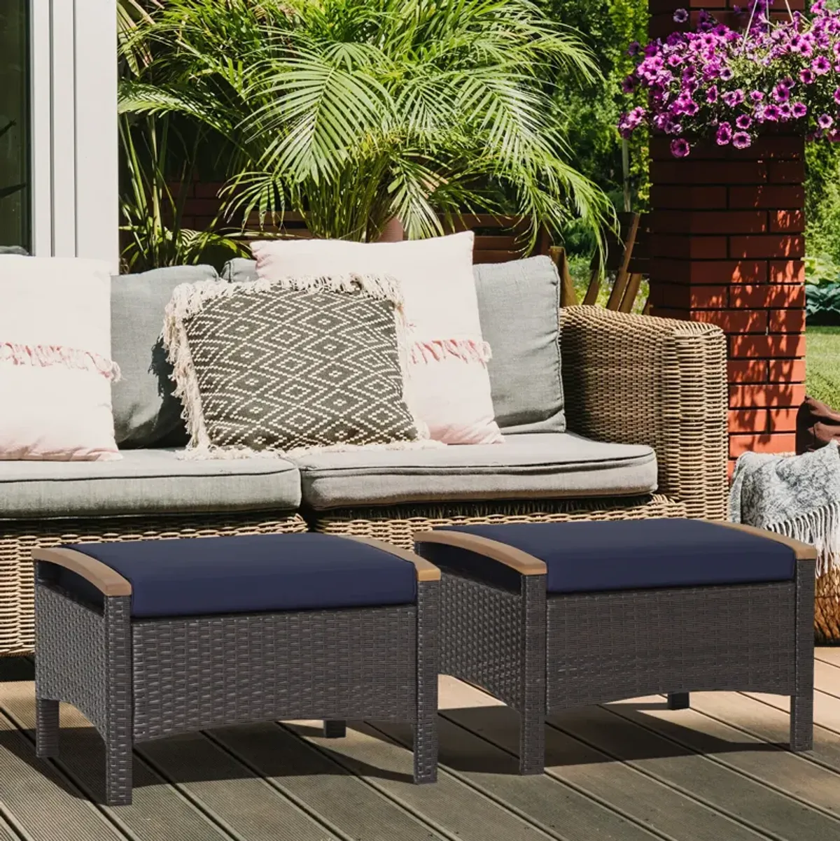 Set of 2 Fade-Resistant Wicker Patio Ottoman