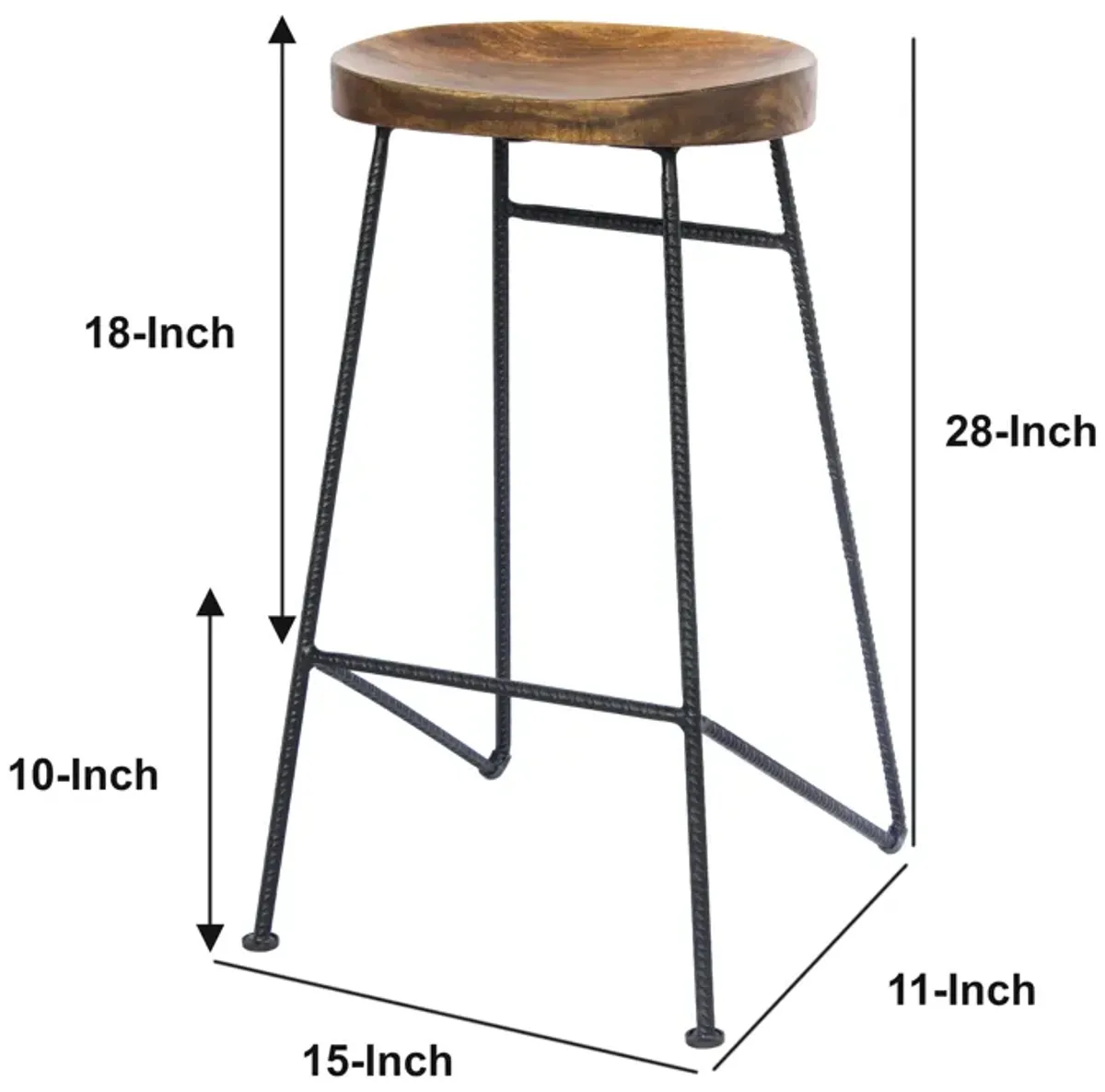 28 Inch Bar Stool with Mango Wood Saddle Seat, Iron Rod Legs, Brown and Black-Benzara