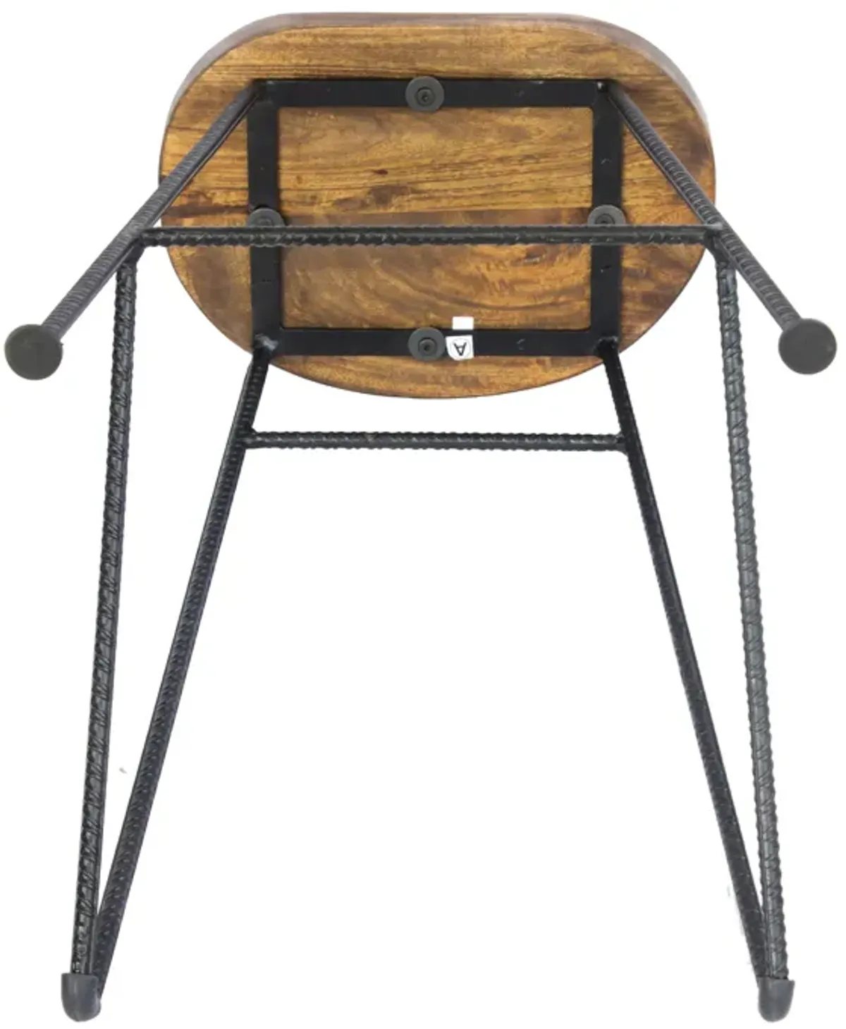 28 Inch Bar Stool with Mango Wood Saddle Seat, Iron Rod Legs, Brown and Black-Benzara