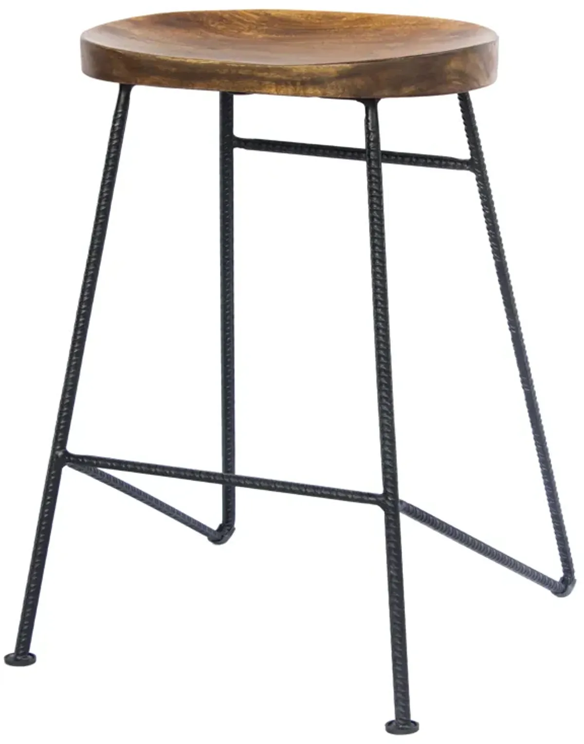 28 Inch Bar Stool with Mango Wood Saddle Seat, Iron Rod Legs, Brown and Black-Benzara