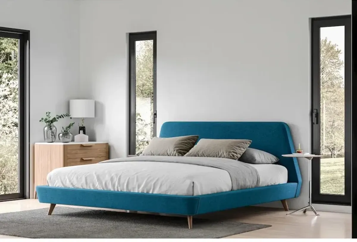 Omax Decor Henry Wood and Fabric Upholstered King Platform Bed in Blue