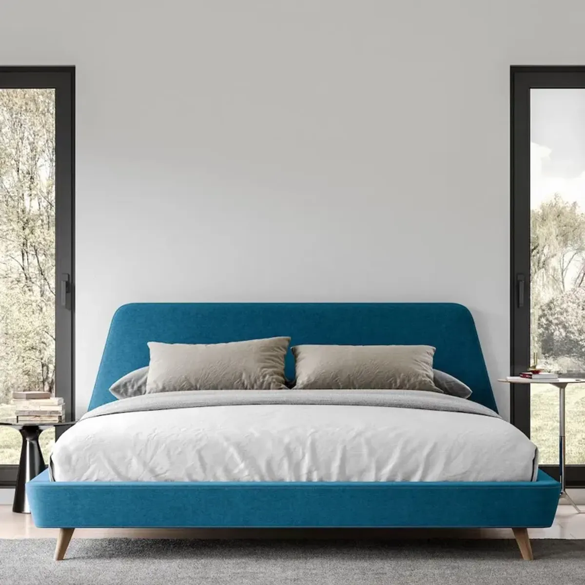 Omax Decor Henry Wood and Fabric Upholstered King Platform Bed in Blue