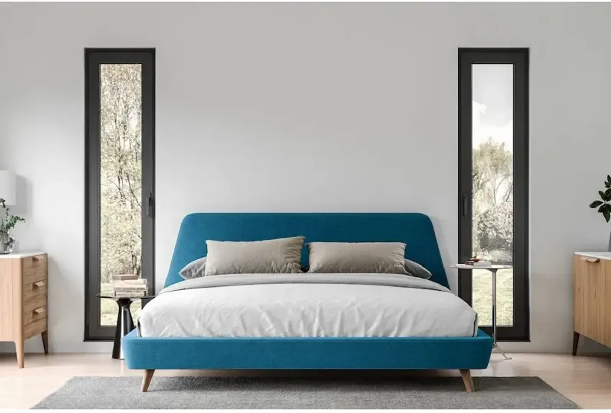 Omax Decor Henry Wood and Fabric Upholstered King Platform Bed in Blue