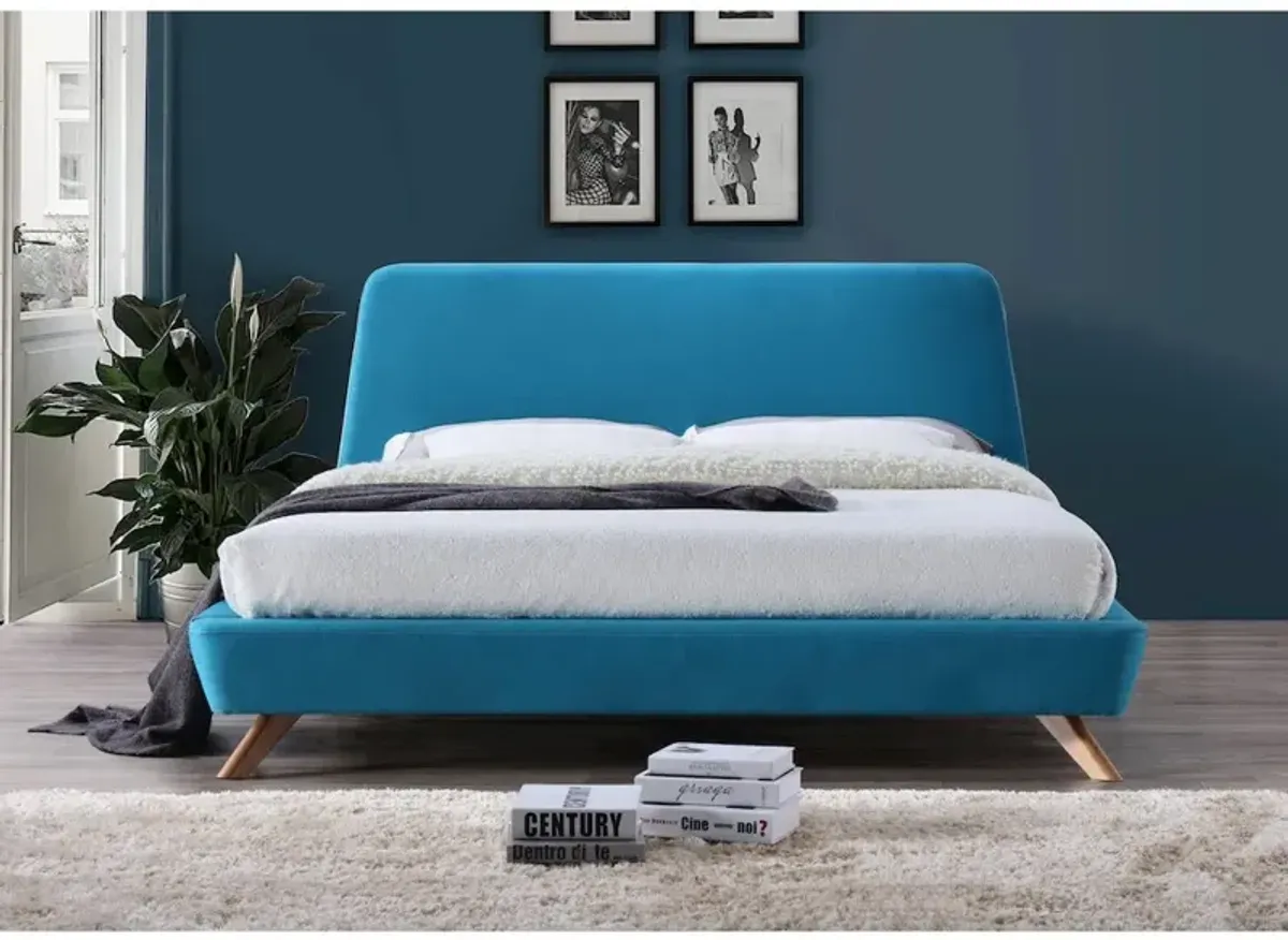 Omax Decor Henry Wood and Fabric Upholstered King Platform Bed in Blue