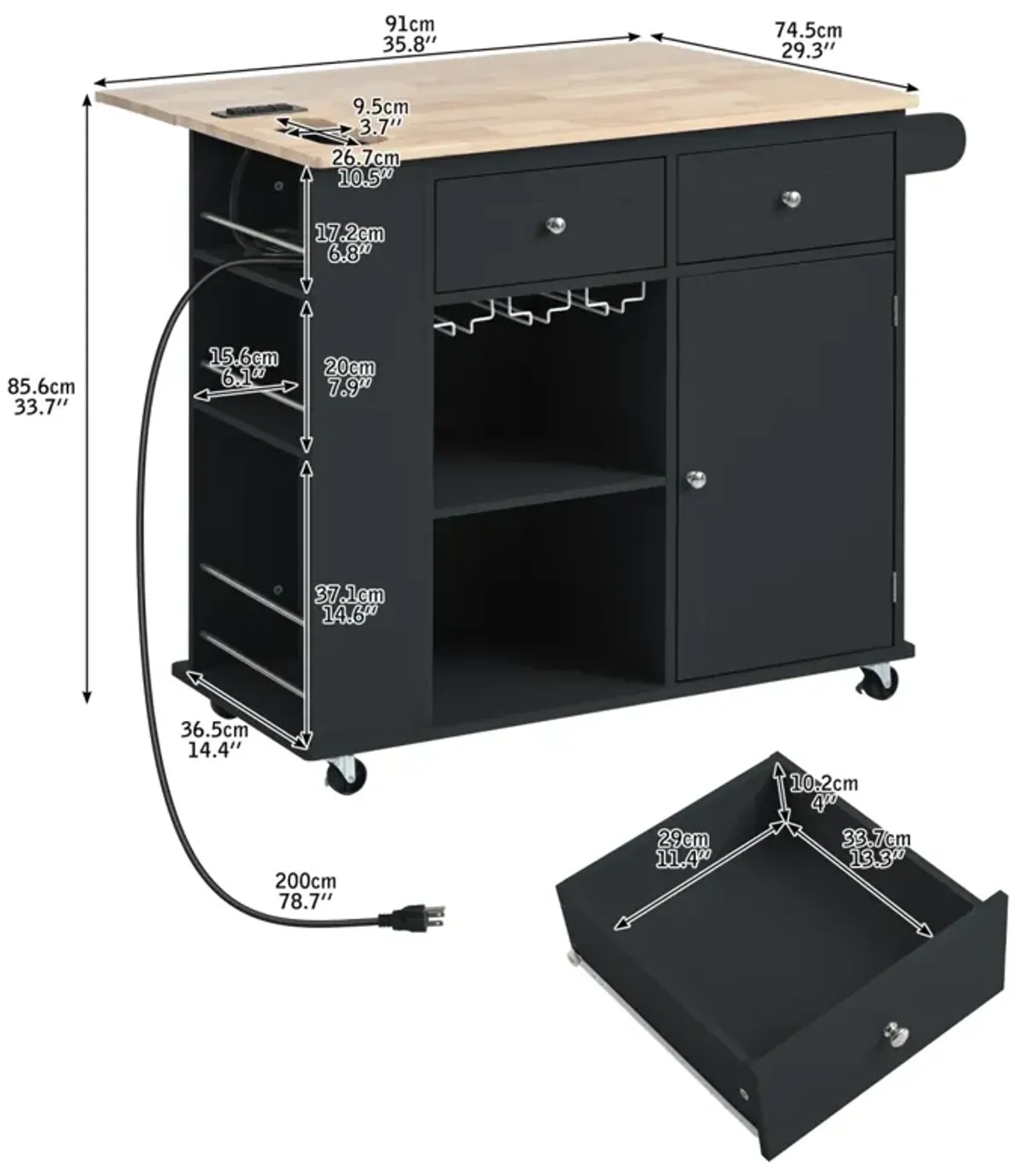 Kitchen Storage Island with Power Outlet and Wine Rack