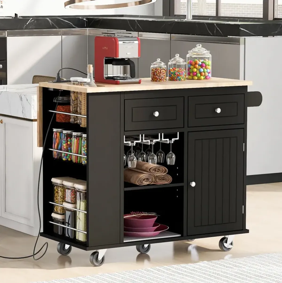 Kitchen Storage Island with Power Outlet and Wine Rack