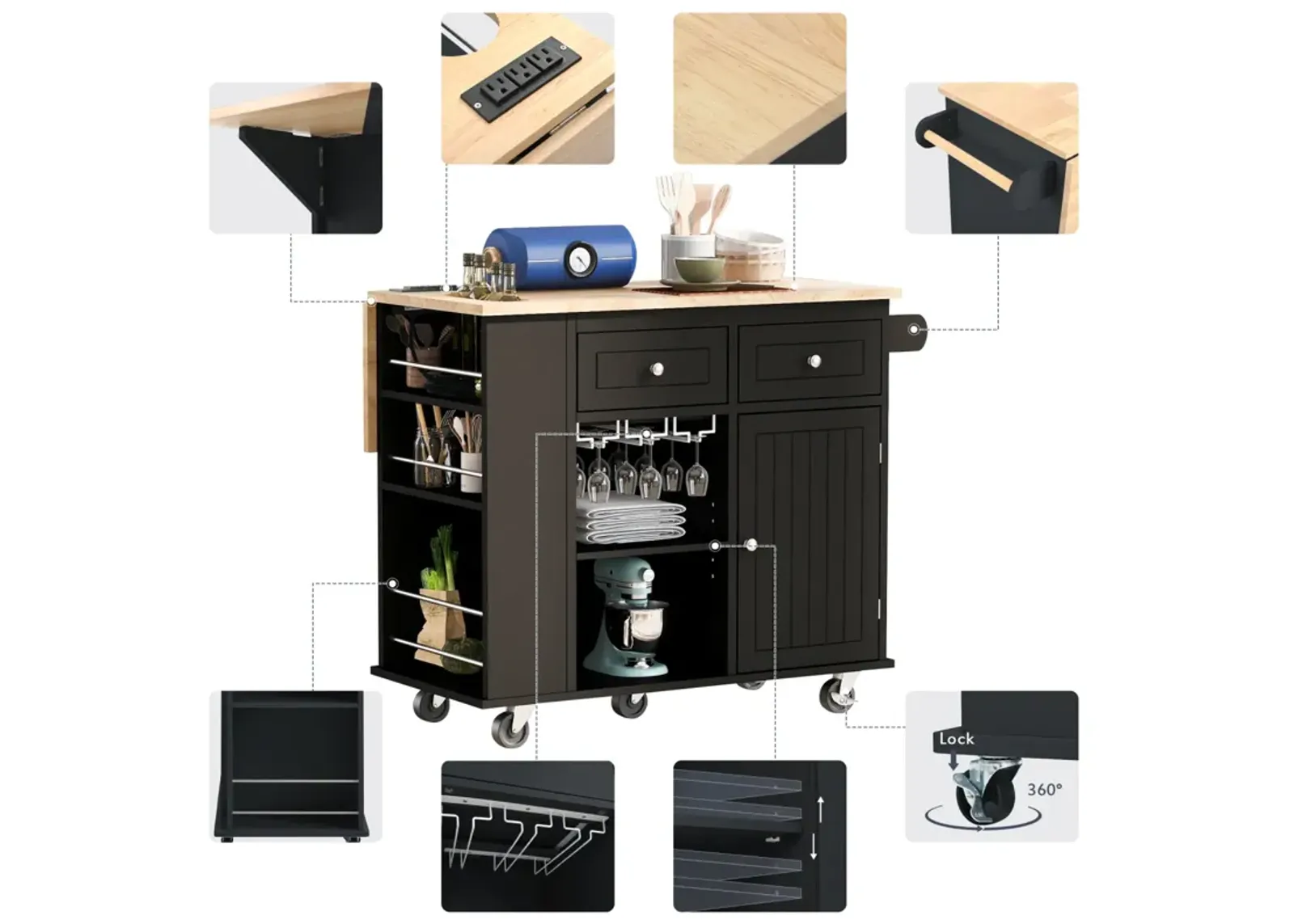 Kitchen Storage Island with Power Outlet and Wine Rack