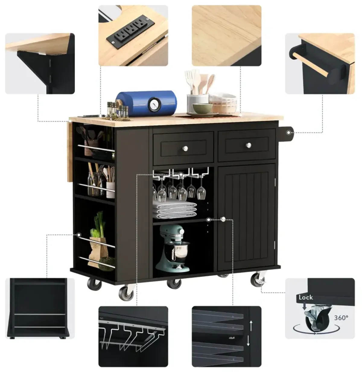 Kitchen Storage Island with Power Outlet and Wine Rack