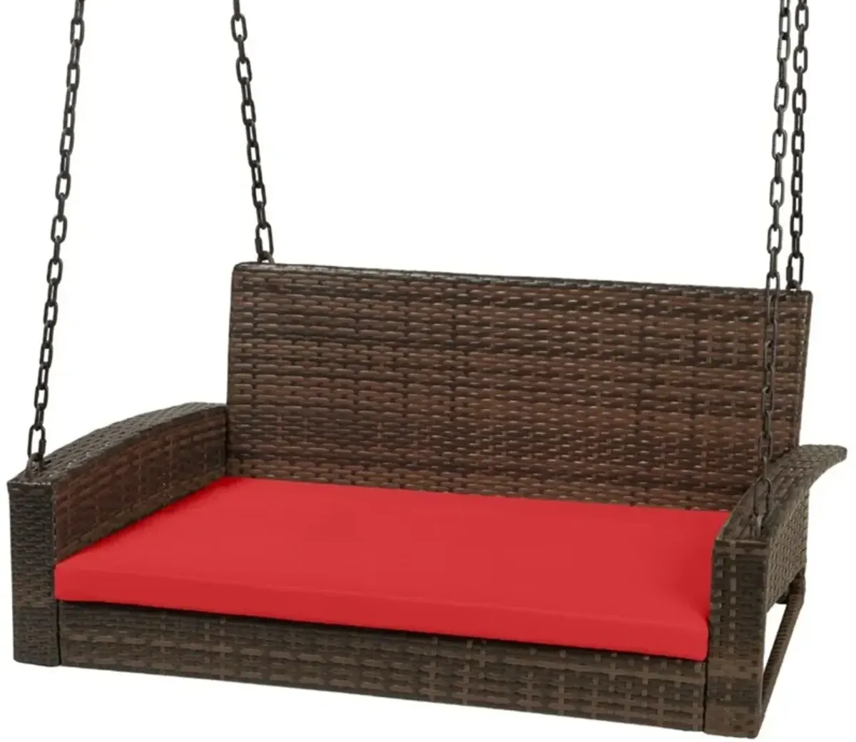 Hivvago Brown Wicker Hanging Patio Porch Swing Bench w/ Mounting Chains and Red Seat Cushion