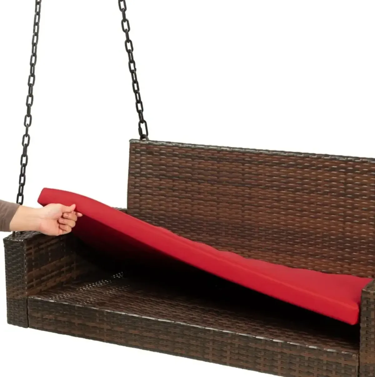 Hivvago Brown Wicker Hanging Patio Porch Swing Bench w/ Mounting Chains and Red Seat Cushion