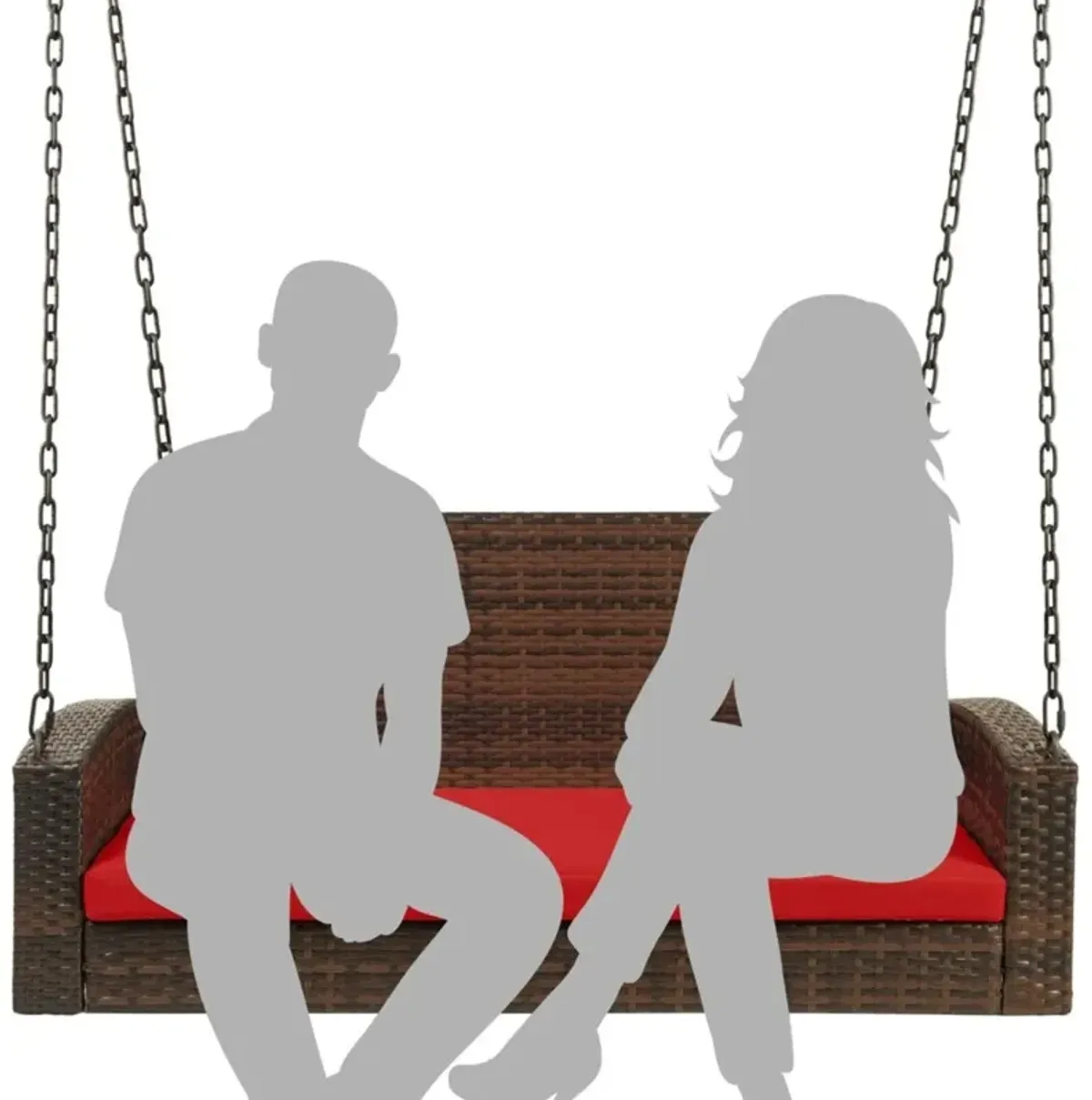 Hivvago Brown Wicker Hanging Patio Porch Swing Bench w/ Mounting Chains and Red Seat Cushion